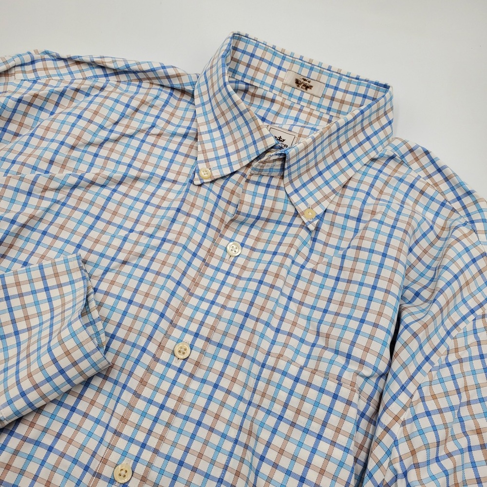Peter Millar Nanoluxe Easy Care Blue Tan Check Button Down Shirt Mens Large
